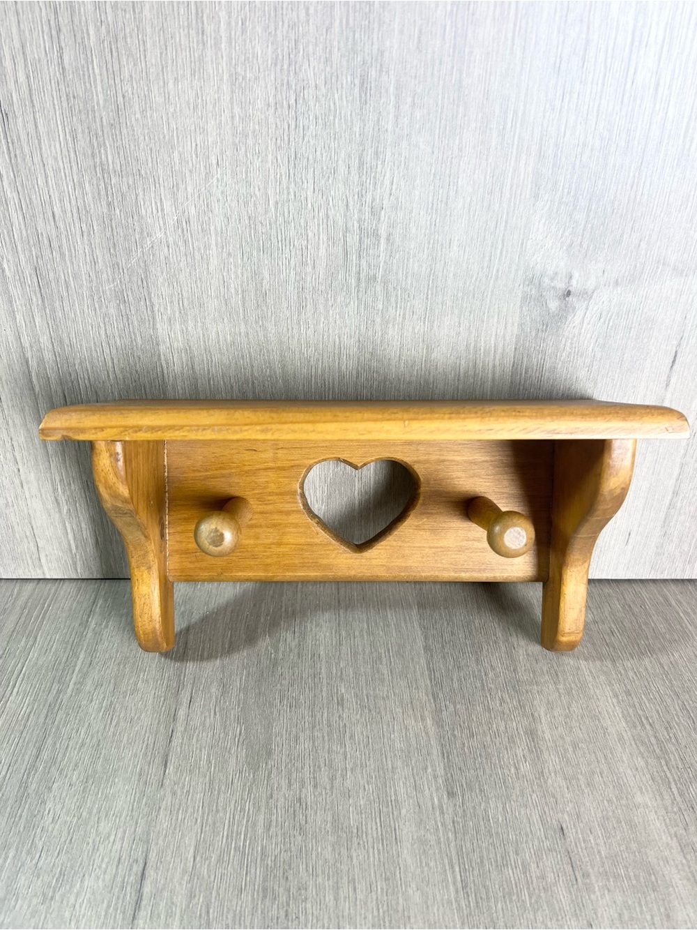 Vintage Wooden Heart Wall Shelf with Shaker Pegs cottagecore